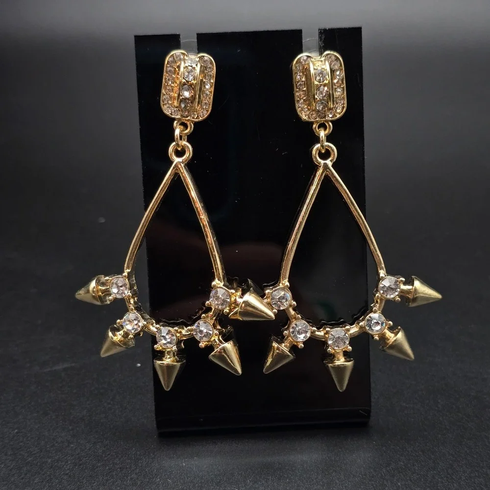 Gold Tone Rhinestone Studded Spike Hoop Earrings Pierced Edgy Punk